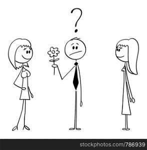 Vector cartoon stick figure drawing conceptual illustration of man going on date, holding flower and deciding between two girls or women.. Vector Cartoon of Man on Date Holding Flower and Deciding Between Two Women or Girls