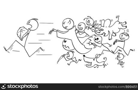 Vector cartoon stick figure drawing conceptual illustration of man holding a pillow running away chasing by his nightmares and dream monsters.. Vector Cartoon of Man Holding a Pillow Running Away Chasing by His Nightmares