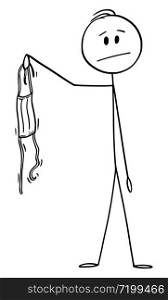 Vector cartoon stick figure drawing conceptual illustration of man holding and showing surgical face mask during coronavirus COVID-19 epidemic. Vector Cartoon Illustration of Man Holding Surgical Face Mask During Coronavirus COVID-19 Epidemic