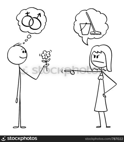 Vector cartoon stick figure drawing conceptual illustration of man holding flower and hoping in romantic sexual intercourse, but woman is sending him to wipe the floor instead.. Vector Cartoon of Man Holding Flowers And Hoping in Romance or Sexual Intercourse. Woman is Sending Him to Wipe the Floor