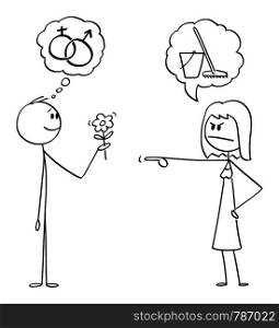 Vector cartoon stick figure drawing conceptual illustration of man holding flower and hoping in romantic sexual intercourse, but woman is sending him to wipe the floor instead.. Vector Cartoon of Man Holding Flowers And Hoping in Romance or Sexual Intercourse. Woman is Sending Him to Wipe the Floor