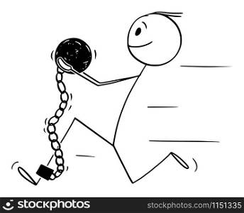 Vector cartoon stick figure drawing conceptual illustration of man in chain with iron ball attached to hid leg, he is running away or escaping from prison.. Vector Cartoon Illustration of Prisoner or Man in Chain and Iron Ball Attached to His Leg Running Away or Escaping from Prison