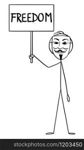 Vector cartoon stick figure drawing conceptual illustration of man in Guy Fawkes mask holding Freedom sign. Anonymity or protest concept.. Vector Cartoon Illustration of Man in Guy Fawkes Mask Holding Freedom Sign