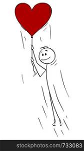 Vector cartoon stick figure drawing conceptual illustration of man in love holding rope big red flying inflatable balloon.. Vector Cartoon of Man in Love Holding Rope of Big Red Flying heart Balloon