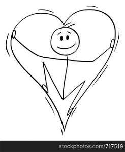 Vector cartoon stick figure drawing conceptual illustration of man in love inside of big heart.. Vector Cartoon of Man in Love Inside of Big Heart