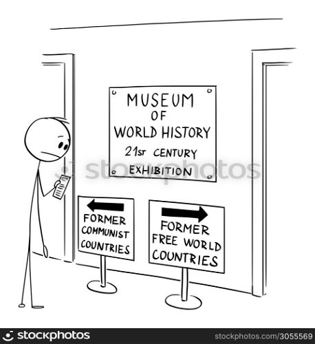 Vector cartoon stick figure drawing conceptual illustration of man in museum looking at ambiguous text on sign indicating the loss of freedom and liberty in western countries, also known as free world.. Vector Cartoon Illustration of Man in Museum Looking at Ambiguous Text on Sign Indicating the Loss of Freedom and Liberty in Western Countries, the Free World