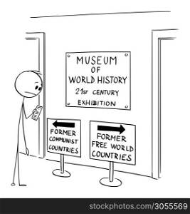 Vector cartoon stick figure drawing conceptual illustration of man in museum looking at ambiguous text on sign indicating the loss of freedom and liberty in western countries, also known as free world.. Vector Cartoon Illustration of Man in Museum Looking at Ambiguous Text on Sign Indicating the Loss of Freedom and Liberty in Western Countries, the Free World