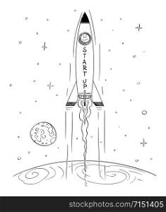 Vector cartoon stick figure drawing conceptual illustration of man in space rocket flying high leaving Earth, business concept of successful startup or start-up.. Vector Cartoon Illustration of Space Rocket Flying High and Leaving the Earth, Successful Startup Business Concept