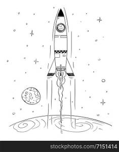 Vector cartoon stick figure drawing conceptual illustration of man in space rocket flying high in space leaving the planet Earth. Technology or business concept.. Vector Cartoon Illustration of Space Rocket Flying High in Space Leaving the Planet Earth