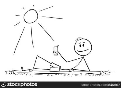 Vector cartoon stick figure drawing conceptual illustration of man lying on beach and enjoying sunny day or summer with beer can or tin in hand.. Vector Cartoon of Man Lying on Beach and Enjoying Summer or Sunny Day with Beer Can in Hand