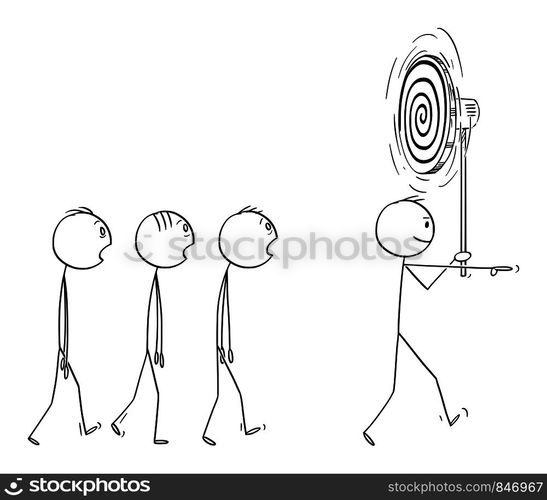 Vector cartoon stick figure drawing conceptual illustration of man, manager or business leader leading team or group of hypnotized workers. Mind Manipulation concept.. Vector Cartoon of Man or Business Leader Leading Group or Team of Hypnotized People or Workers