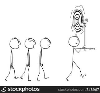 Vector cartoon stick figure drawing conceptual illustration of man, manager or business leader leading team or group of hypnotized workers. Mind Manipulation concept.. Vector Cartoon of Man or Business Leader Leading Group or Team of Hypnotized People or Workers
