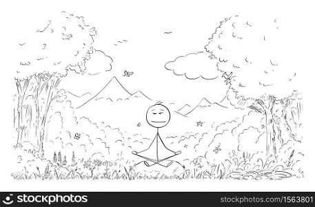 Vector cartoon stick figure drawing conceptual illustration of man meditating surrounded by nature, trees, flowers, plants, birds and butterflies.. Vector Cartoon Illustration of Man Meditating Surrounded by Nature, Forest, Plants, Flowers, Birds and Butterflies