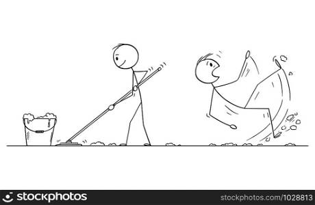 Vector cartoon stick figure drawing conceptual illustration of man mopping or cleaning the floor, another man slipped on the wet floor.. Vector Cartoon Illustration of Man Mopping or Cleaning the Floor, Another Man Slipped on the Wet Floor