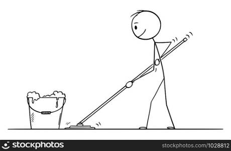 Vector cartoon stick figure drawing conceptual illustration of man mopping or cleaning the floor.. Vector Cartoon Illustration of Man Mopping or Cleaning the Floor