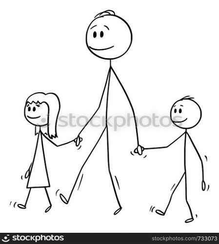 Vector cartoon stick figure drawing conceptual illustration of man o father or dad together with small girl and boy or daughter and son. They are walking and holding hands.. Vector Cartoon of Man or Father Walking Together with Small Girl and Boy or Daughter and Son