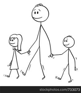 Vector cartoon stick figure drawing conceptual illustration of man o father or dad together with small girl and boy or daughter and son. They are walking and holding hands.. Vector Cartoon of Man or Father Walking Together with Small Girl and Boy or Daughter and Son