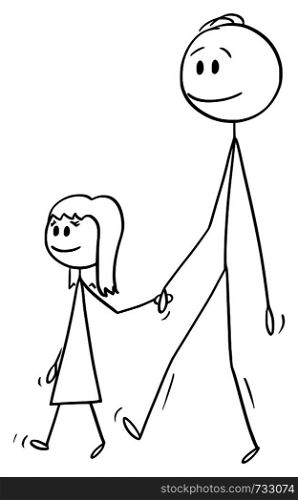 Vector cartoon stick figure drawing conceptual illustration of man o father or dad together with small girl or daughter. They are walking and holding hands.. Vector Cartoon of Man or Father Walking Together with Small Girl or Daughter