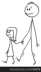 Vector cartoon stick figure drawing conceptual illustration of man o father or dad together with small girl or daughter. They are walking and holding hands.. Vector Cartoon of Man or Father Walking Together with Small Girl or Daughter