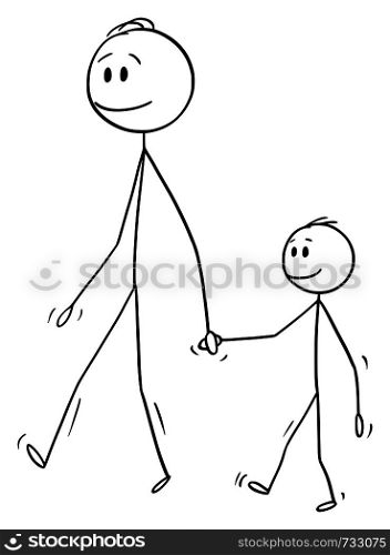 Vector cartoon stick figure drawing conceptual illustration of man o father or dad together with small boy or son. They are walking and holding hands.. Vector Cartoon of Man or Father Walking Together with Small Boy or Son