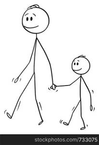 Vector cartoon stick figure drawing conceptual illustration of man o father or dad together with small boy or son. They are walking and holding hands.. Vector Cartoon of Man or Father Walking Together with Small Boy or Son