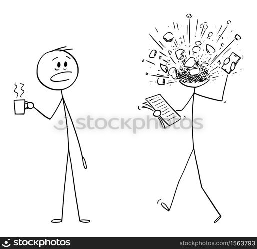 Vector cartoon stick figure drawing conceptual illustration of man, office worker or businessman manager at work. His head exploded from stress or overwork.. Vector Cartoon Illustration of Man, Office Worker or Businessman At Work, His Head Exploded From Stress or Overwork.