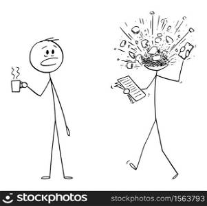 Vector cartoon stick figure drawing conceptual illustration of man, office worker or businessman manager at work. His head exploded from stress or overwork.. Vector Cartoon Illustration of Man, Office Worker or Businessman At Work, His Head Exploded From Stress or Overwork.