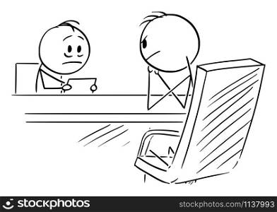 Vector cartoon stick figure drawing conceptual illustration of man on job interview or employee facing his boss or employee.. Vector Cartoon Illustration of Timid Man on Interview or Employee Facing His Boss or Employer