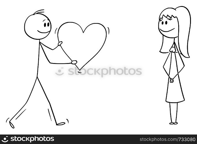 Vector cartoon stick figure drawing conceptual illustration of man or boy giving bog romantic heart to girl or woman on date. Declaration or confession of love.. Vector Cartoon of Man or Boy in Love Giving Big Romantic Heart to Woman or Girl