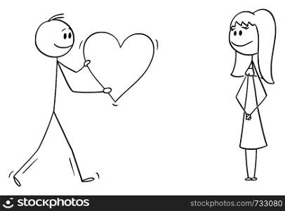 Vector cartoon stick figure drawing conceptual illustration of man or boy giving bog romantic heart to girl or woman on date. Declaration or confession of love.. Vector Cartoon of Man or Boy in Love Giving Big Romantic Heart to Woman or Girl