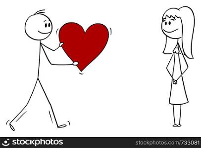 Vector cartoon stick figure drawing conceptual illustration of man or boy giving bog romantic red heart to girl or woman on date. Declaration or confession of love.. Vector Cartoon of Man or Boy in Love Giving Big Romantic Red Heart to Woman or Girl