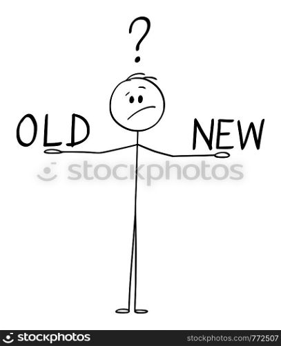 Vector cartoon stick figure drawing conceptual illustration of man or businessman balancing old and new on his hands and thinking about.. Vector Cartoon of Man or Businessman Deciding and Balancing Between Old and New.