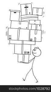 Vector cartoon stick figure drawing conceptual illustration of man or businessman carrying or balancing big pile of carton or paper boxes.. Vector Cartoon Illustration of Man or Businessman Carrying or Balancing Big Pile of Carton Paper Boxes