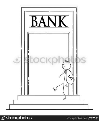 Vector cartoon stick figure drawing conceptual illustration of man or businessman carrying bag of dollars or money to deposit it in bank.. Vector Cartoon of Man or Businessman Carrying Bag of Dollars or Money to Deposit it in Bank