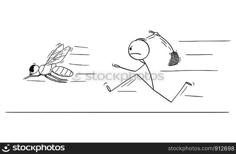 Vector cartoon stick figure drawing conceptual illustration of man or businessman chasing big fly with swatter, flapper or fly-flap.. Vector Cartoon of Man or Businessman Chasing Big Fly or Insect with Swatter, Flapper or Fly-flap