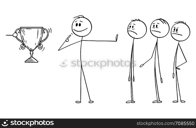 Vector cartoon stick figure drawing conceptual illustration of man or businessman claiming merit or contribution or reward trophy instead of the whole team. Business concept of arrogance, individuality and egoism.. Vector Cartoon of Man or Businessman Claiming Contribution or Merit Instead of Whole Team