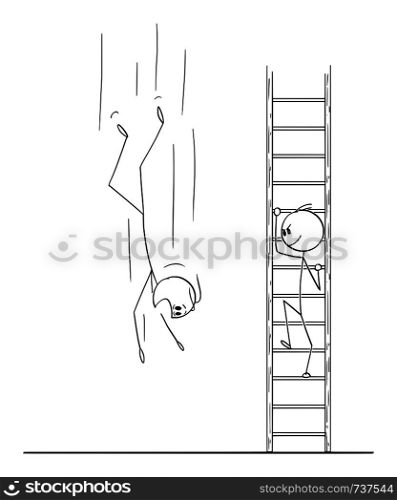 Vector cartoon stick figure drawing conceptual illustration of man or businessman climbing up the ladder while competitor is falling down to ground.. Vector Cartoon of Man or Businessman Climbing Up the Ladder while Business Competitor is Falling Down