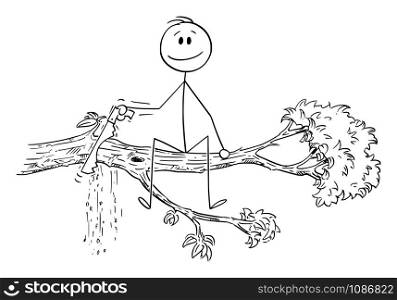 Vector cartoon stick figure drawing conceptual illustration of man or businessman cutting with saw the tree branch on which he is sitting.. Cartoon of Man or Businessman Cutting the Tree Branch on Which He Is Sitting
