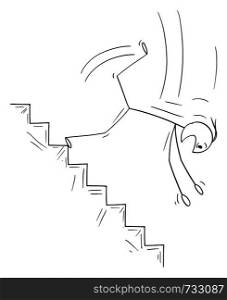 Vector cartoon stick figure drawing conceptual illustration of man or businessman falling down on dangerous stairs. Business concept of crisis and bankruptcy.. Vector Cartoon of Man or Businessman Falling Down on Stairs