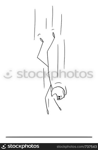 Vector cartoon stick figure drawing conceptual illustration of man or businessman falling down from height. Ground is near.. Vector Cartoon of Man or Businessman Falling Down From Height