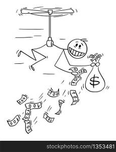 Vector cartoon stick figure drawing conceptual illustration of man or businessman flying like helicopter and throwing money away. Concept of quantitative easing and recession.. Vector Cartoon Illustration of Man or Businessman Flying Like Helicopter and Throwing Money Away.