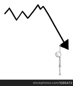 Vector cartoon stick figure drawing conceptual illustration of man or businessman hanged on the decreasing financial graph or chart arrow. Concept of crisis.. Vector Cartoon Illustration of Man or Businessman Hanged on the Decreasing Financial Graph Arrow