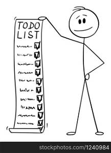 Vector cartoon stick figure drawing conceptual illustration of man or businessman holding todo, to-do list or checklist with checking of compete tasks.. Vector Cartoon Illustration of Man or Businessman Holding Long Todo, To-do or Checklist or Task List