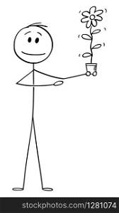 Vector cartoon stick figure drawing conceptual illustration of man or businessman holding flower in pot and pointing at it. Concept of success, reward, investment or profit.. Vector Cartoon Illustration of Man or Businessman Holding Flower in Pot and Pointing at It