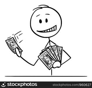 Vector cartoon stick figure drawing conceptual illustration of man or businessman holding playing cards in hand.. Vector Cartoon Illustration of Man or Businessman Holding Playing Cards in Hand