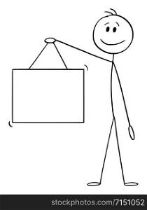 Vector cartoon stick figure drawing conceptual illustration of man or businessman holding empty hanging sign.. Vector Cartoon Illustration of Man or Businessman Holding Empty Hanging Sign