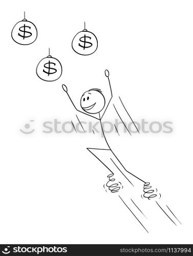 Vector cartoon stick figure drawing conceptual illustration of man or businessman jumping on springs for money or wealth or dollar coins.. Vector Cartoon Illustration of Man or Businessman Jumping on Springs for Money or Wealth or Dollar Coins