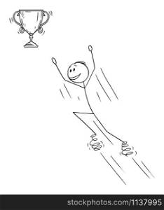 Vector cartoon stick figure drawing conceptual illustration of man or businessman jumping on springs for victory trophy winner cup.. Vector Cartoon Illustration of Man or Businessman Jumping on Springs for Victory Winner Trophy Cup