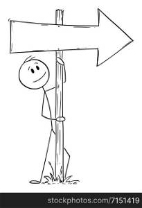 Vector cartoon stick figure drawing conceptual illustration of man or businessman leaning towards old empty wooden directional arrow signpost or sign,. Vector Cartoon Illustration of Man or Businessman leaning Towards Old Wooden Directional Arrow Signpost