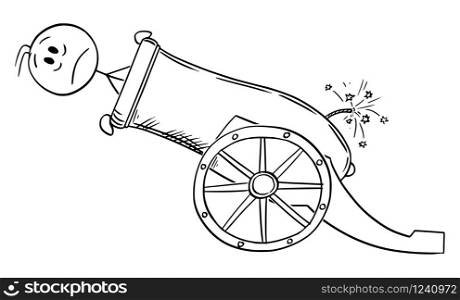 Vector cartoon stick figure drawing conceptual illustration of man or businessman loaded in big cannon or artillery gun ready to fire.. Vector Cartoon Illustration of Man or Businessman Loaded in Big Artillery Gun or Cannon Ready to Fire